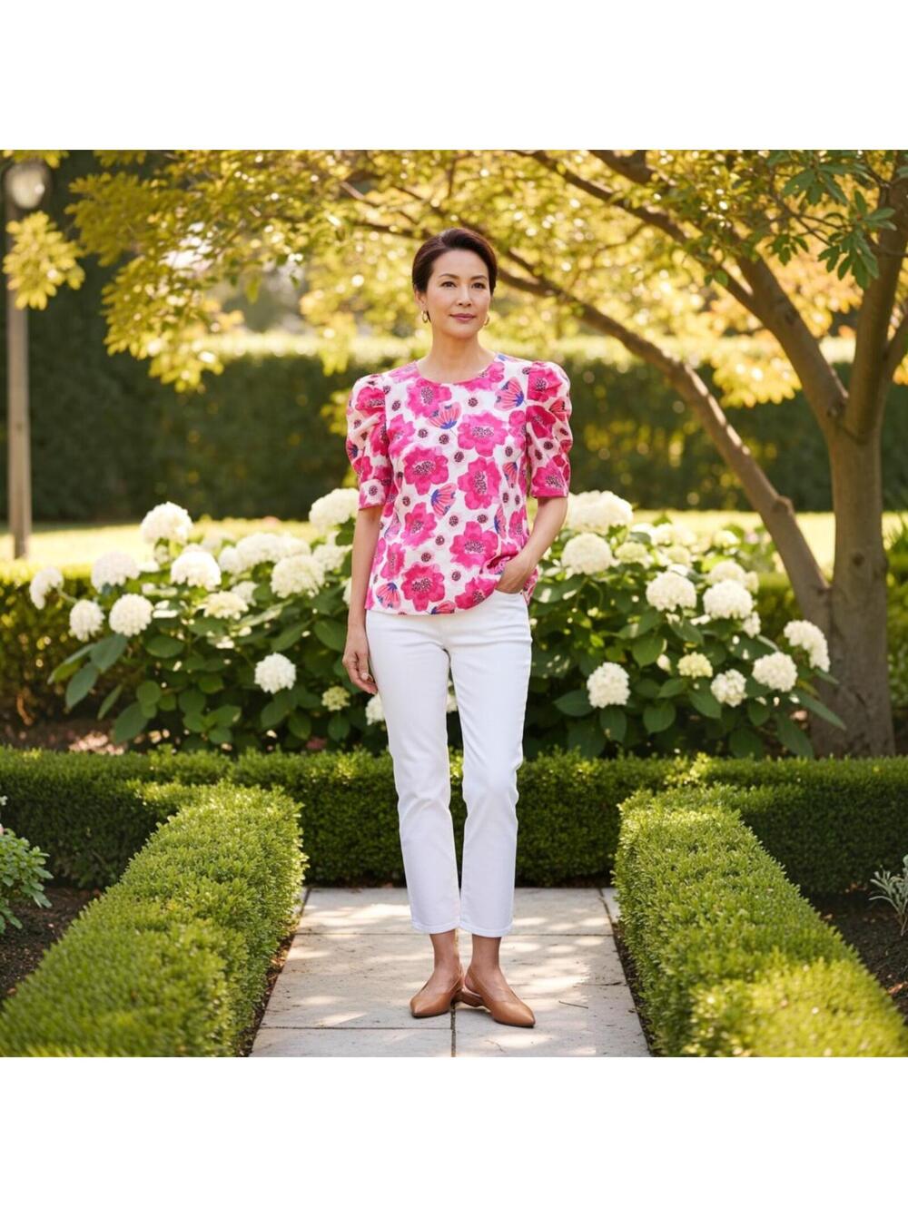 TCEC Pink & White Floral Puff Sleeve Cotton Blouse Size Small